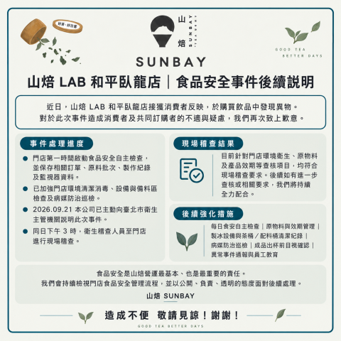 山焙 LAB 和平臥龍店|食品安全事件後續說明